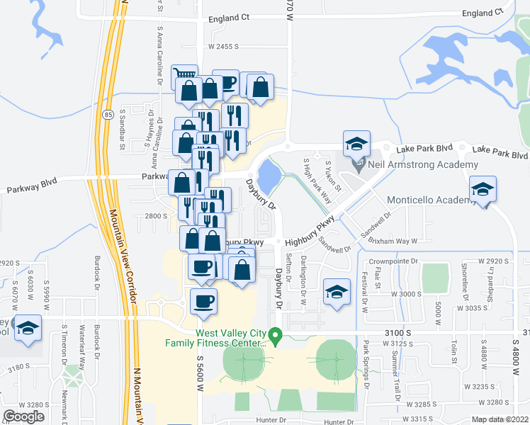 map of restaurants, bars, coffee shops, grocery stores, and more near 2797 Asbury Lane in West Valley City