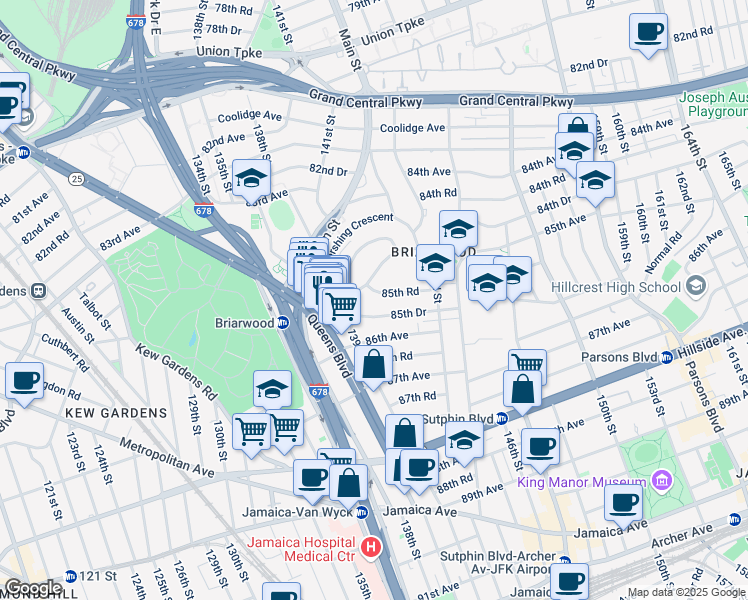 map of restaurants, bars, coffee shops, grocery stores, and more near 140-17 84th Drive in Queens