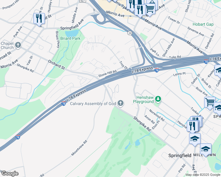 map of restaurants, bars, coffee shops, grocery stores, and more near 300 Wilson Road in Springfield