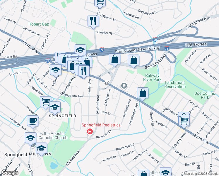 map of restaurants, bars, coffee shops, grocery stores, and more near 125 Morris Avenue in Springfield