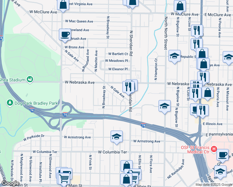 map of restaurants, bars, coffee shops, grocery stores, and more near 1807 North Gale Avenue in Peoria