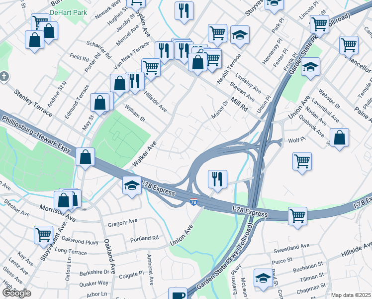 map of restaurants, bars, coffee shops, grocery stores, and more near 1865 Manor Dr in Union