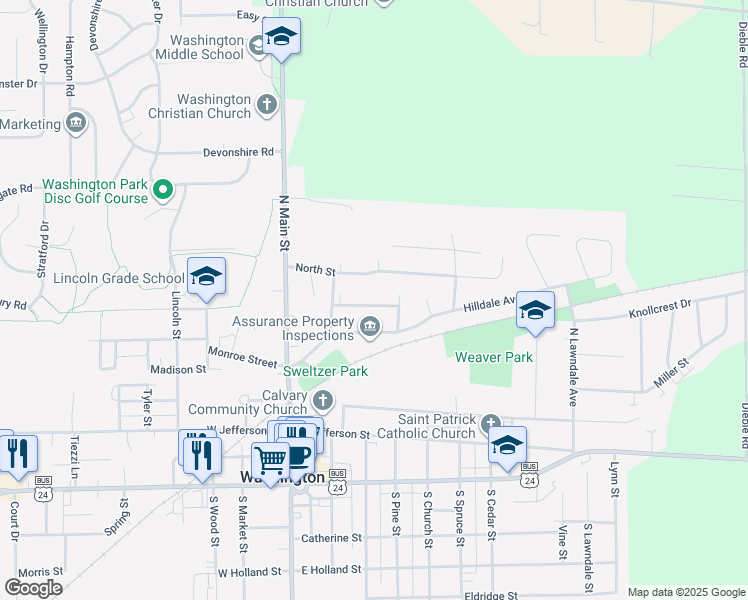 map of restaurants, bars, coffee shops, grocery stores, and more near 300 North Street in Washington