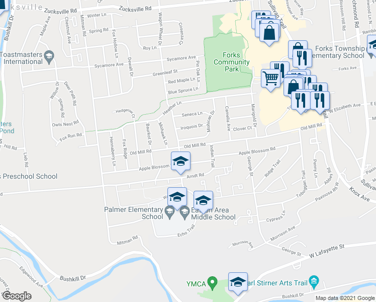map of restaurants, bars, coffee shops, grocery stores, and more near 816 Old Mill Road in Easton