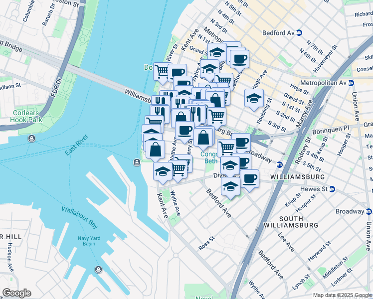 map of restaurants, bars, coffee shops, grocery stores, and more near 60 Broadway in Brooklyn