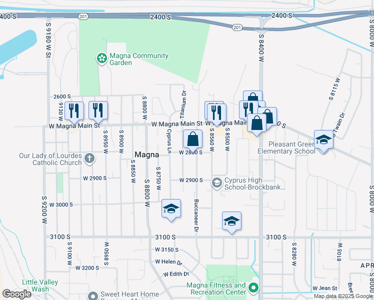 map of restaurants, bars, coffee shops, grocery stores, and more near 2763 South 8650 West in Magna