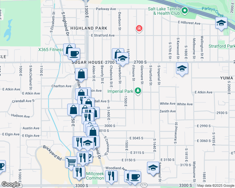 map of restaurants, bars, coffee shops, grocery stores, and more near 2812 Dearborn Street in Salt Lake City