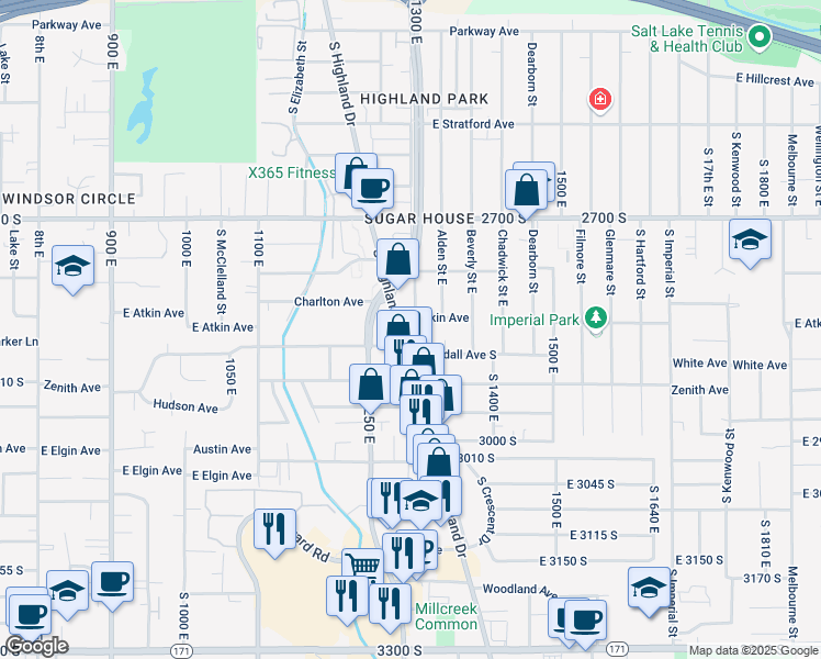 map of restaurants, bars, coffee shops, grocery stores, and more near 2811 South 1300 East in Salt Lake City
