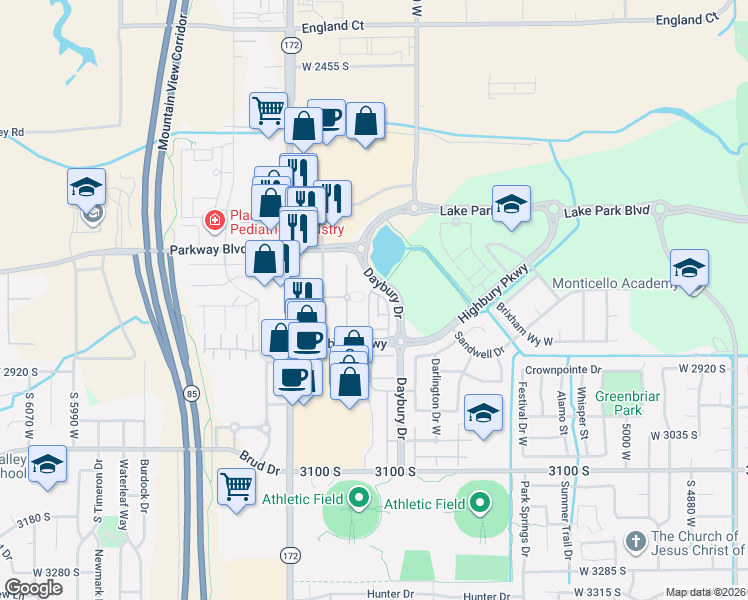 map of restaurants, bars, coffee shops, grocery stores, and more near 5432 Highbury Parkway in West Valley City