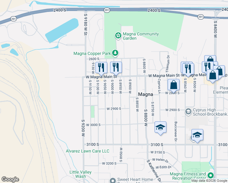 map of restaurants, bars, coffee shops, grocery stores, and more near 2762 South 8950 West in Magna