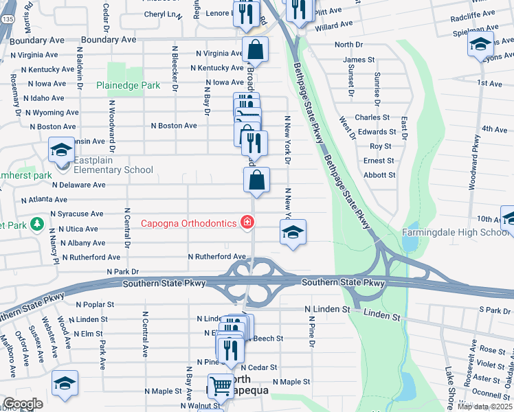 map of restaurants, bars, coffee shops, grocery stores, and more near 1042 North Broadway in North Massapequa