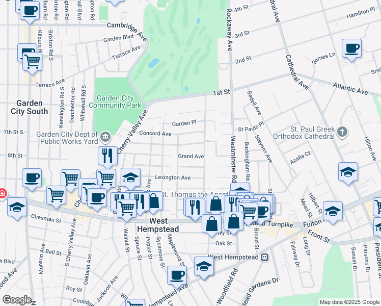 map of restaurants, bars, coffee shops, grocery stores, and more near 227 Hamilton Avenue in West Hempstead