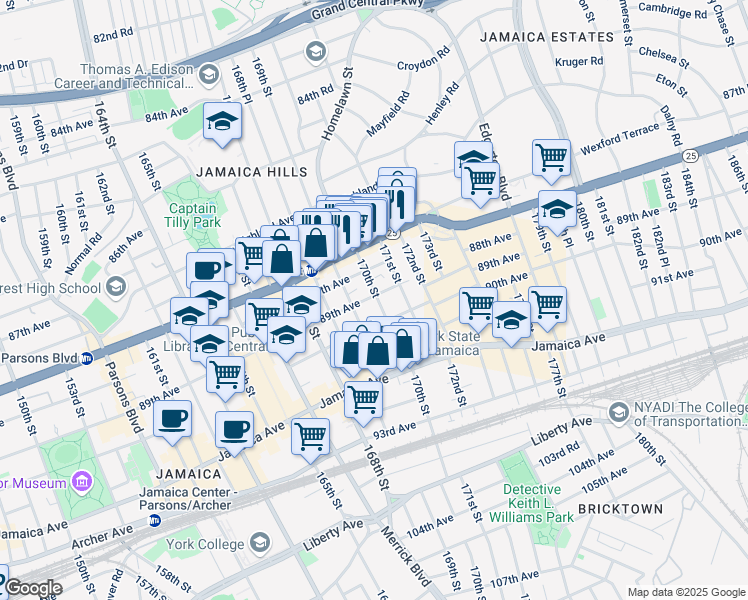 map of restaurants, bars, coffee shops, grocery stores, and more near 88-15 170th Street in Queens