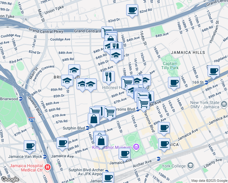 map of restaurants, bars, coffee shops, grocery stores, and more near 85-64 151st Street in Queens