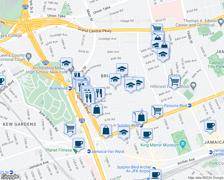map of restaurants, bars, coffee shops, grocery stores, and more near 141-65 85th Road in Queens