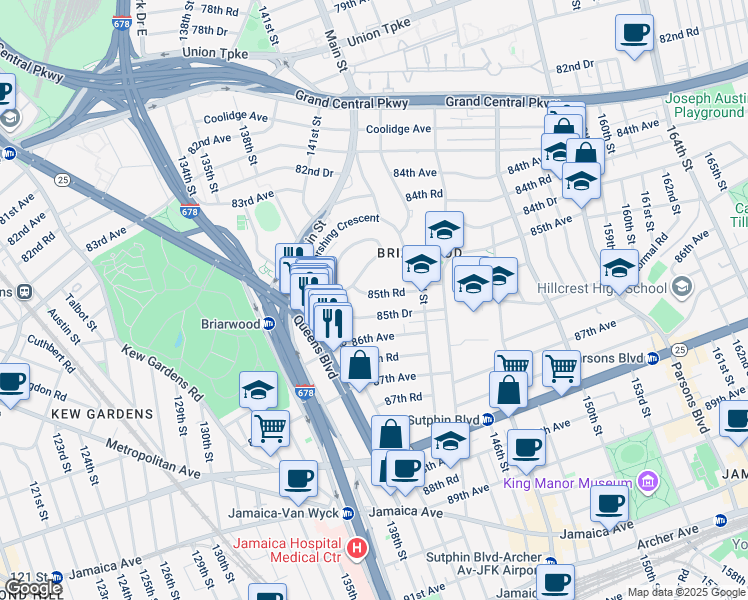 map of restaurants, bars, coffee shops, grocery stores, and more near 141-41 85th Road in Queens