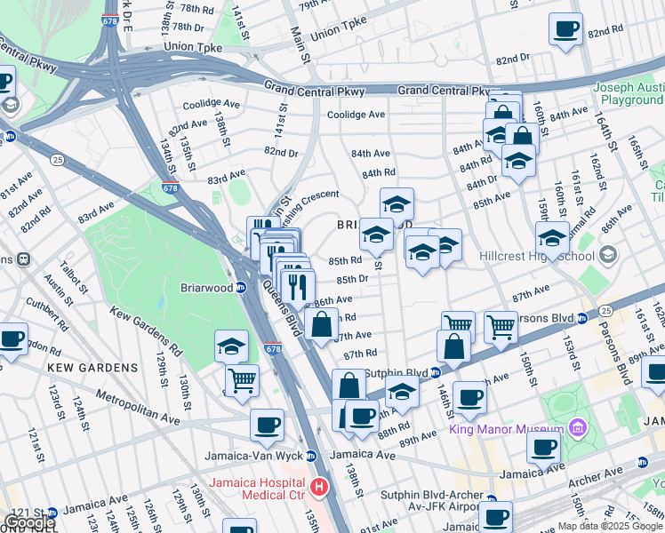 map of restaurants, bars, coffee shops, grocery stores, and more near 141-41 85th Road in Queens