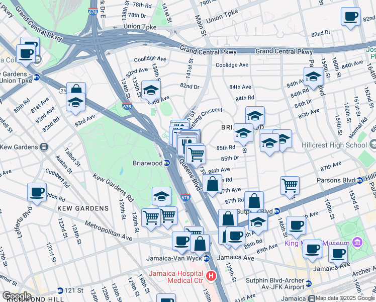 map of restaurants, bars, coffee shops, grocery stores, and more near 139-06 Pershing Crescent in Queens