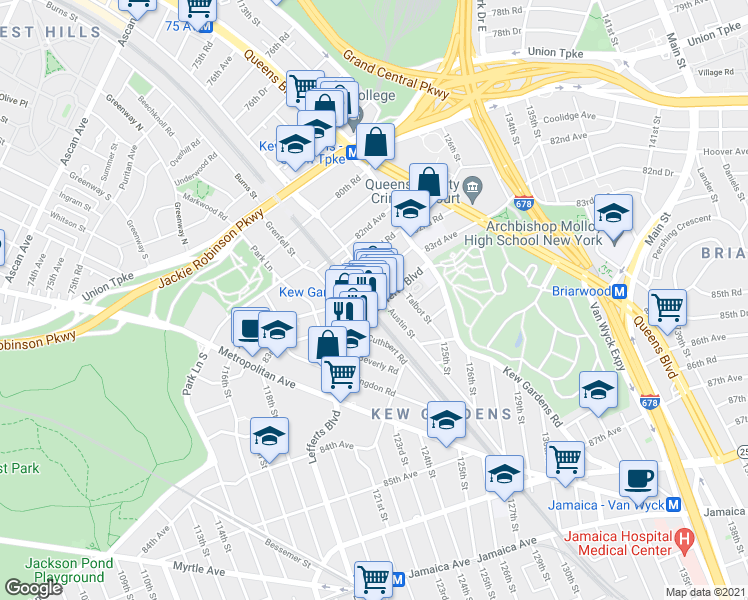 map of restaurants, bars, coffee shops, grocery stores, and more near in Queens