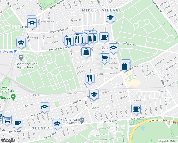 map of restaurants, bars, coffee shops, grocery stores, and more near 68-30 76th Street in Queens