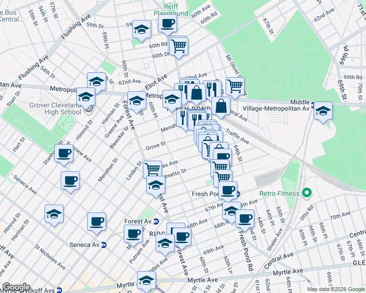 map of restaurants, bars, coffee shops, grocery stores, and more near 60-46 Grove Street in Queens