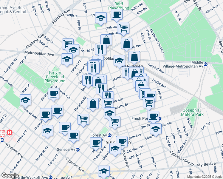 map of restaurants, bars, coffee shops, grocery stores, and more near 59-30 Menahan Street in Queens