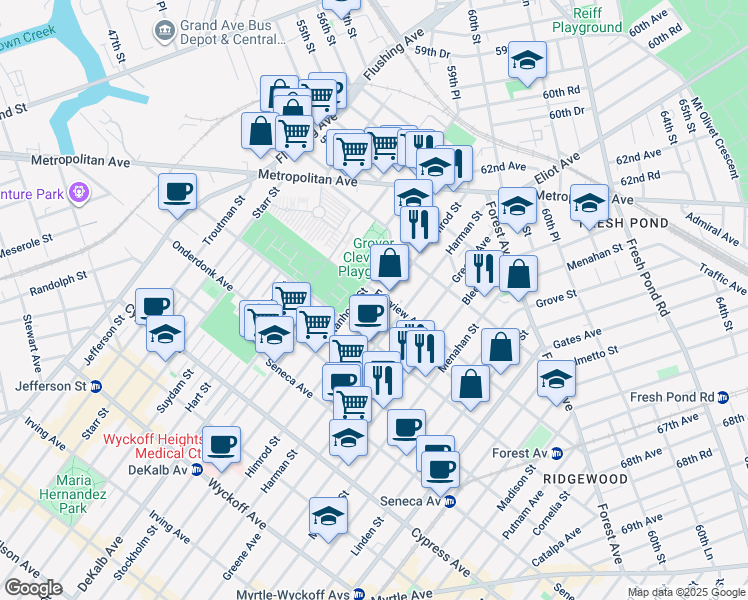 map of restaurants, bars, coffee shops, grocery stores, and more near 20-02 Stanhope Street in Queens
