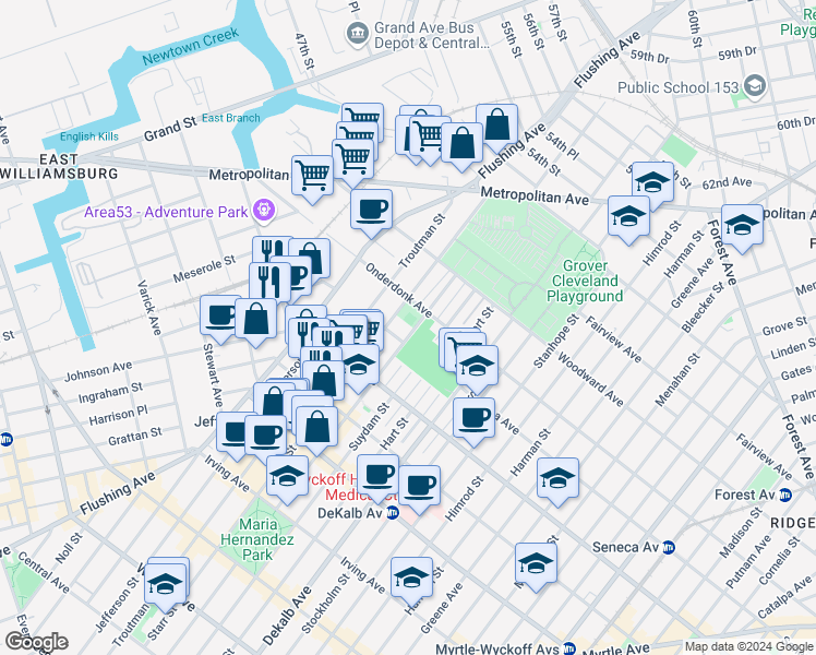 map of restaurants, bars, coffee shops, grocery stores, and more near in Queens