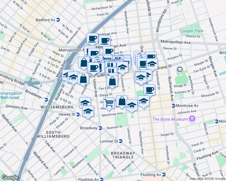 map of restaurants, bars, coffee shops, grocery stores, and more near in Brooklyn