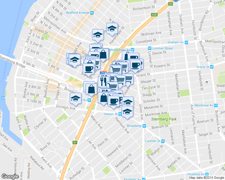 map of restaurants, bars, coffee shops, grocery stores, and more near 325 South 3rd Street in Brooklyn
