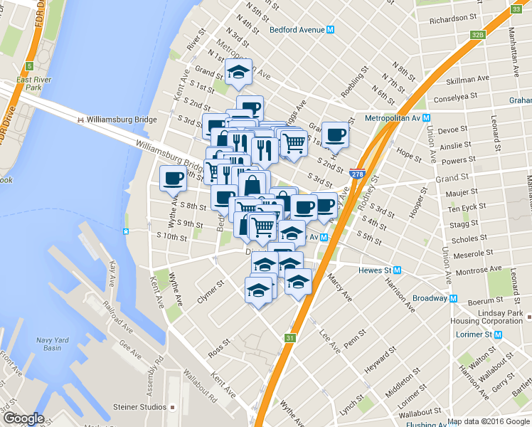 map of restaurants, bars, coffee shops, grocery stores, and more near 185 Broadway in Brooklyn