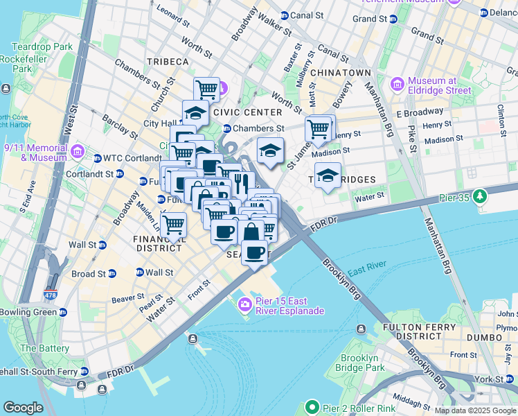 map of restaurants, bars, coffee shops, grocery stores, and more near 100 Gold Street in New York