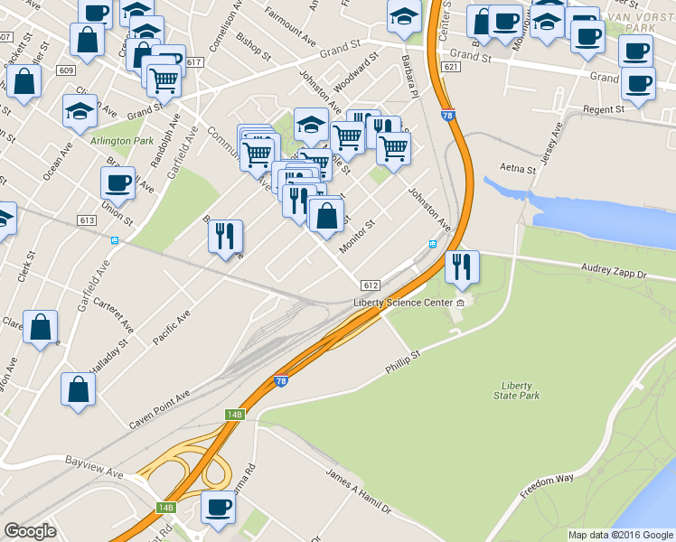 map of restaurants, bars, coffee shops, grocery stores, and more near 328 Communipaw Avenue in Jersey City