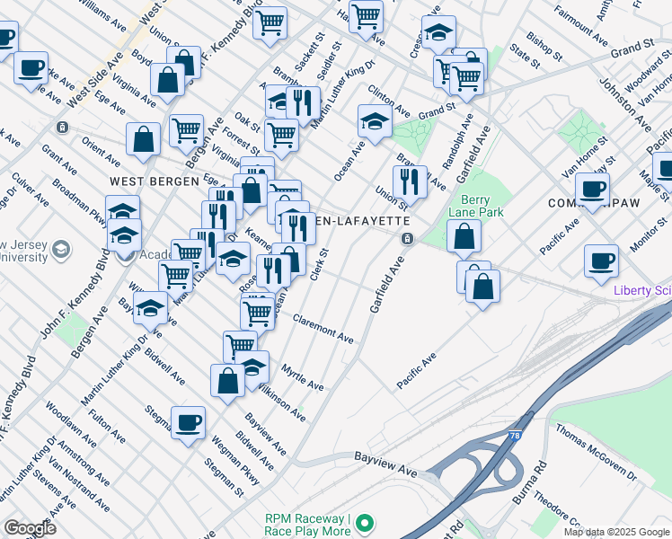 map of restaurants, bars, coffee shops, grocery stores, and more near 190 Clerk Street in Jersey City