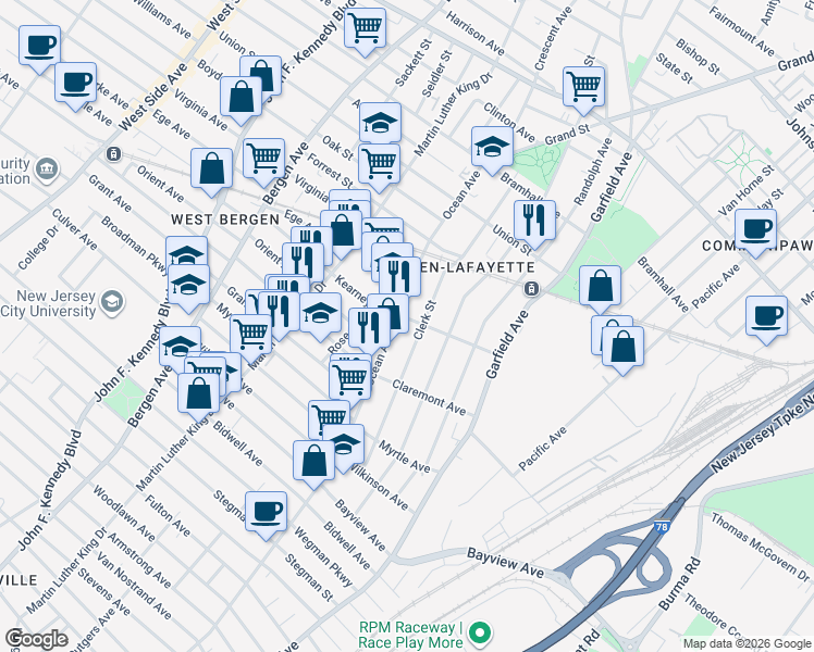 map of restaurants, bars, coffee shops, grocery stores, and more near 700 Ocean Avenue in Jersey City