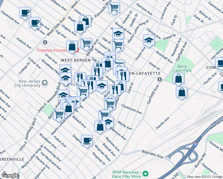 map of restaurants, bars, coffee shops, grocery stores, and more near 455 Rose Avenue in Jersey City