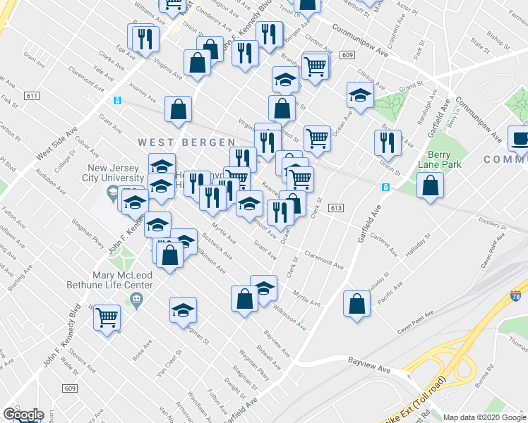 map of restaurants, bars, coffee shops, grocery stores, and more near 53 Orient Avenue in Jersey City
