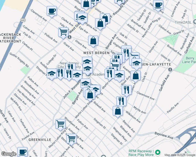 map of restaurants, bars, coffee shops, grocery stores, and more near 232 Bergen Avenue in Jersey City