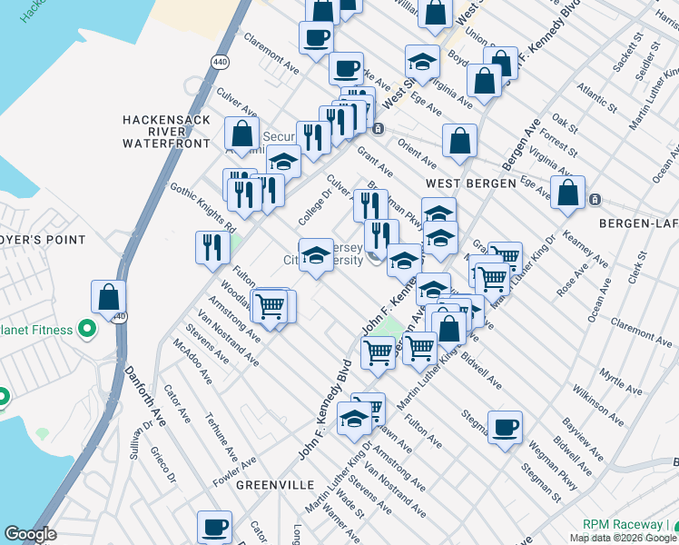map of restaurants, bars, coffee shops, grocery stores, and more near 12 College Street in Jersey City