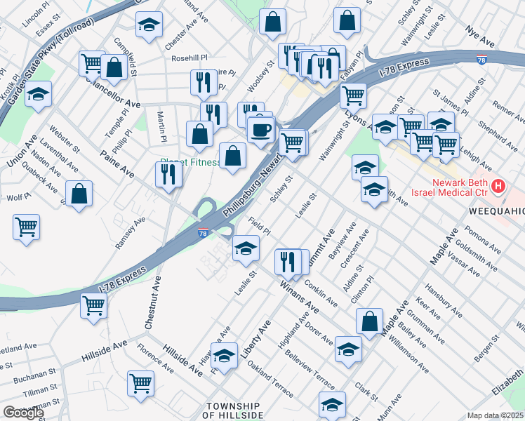 map of restaurants, bars, coffee shops, grocery stores, and more near 36 Fabyan Place in Irvington