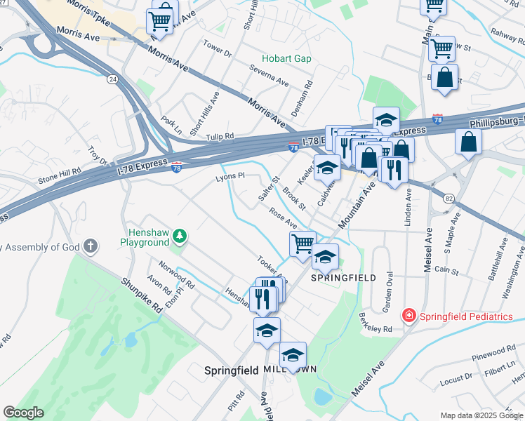 map of restaurants, bars, coffee shops, grocery stores, and more near 85 Salter Street in Springfield