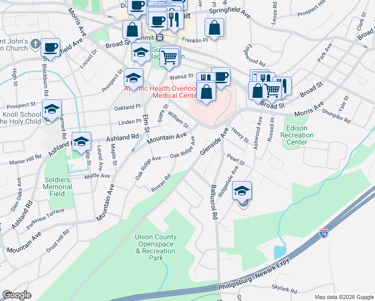 map of restaurants, bars, coffee shops, grocery stores, and more near 19 Oakridge Avenue in Summit