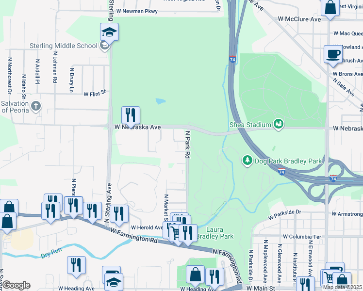 map of restaurants, bars, coffee shops, grocery stores, and more near 1808 North Otley Road in Peoria