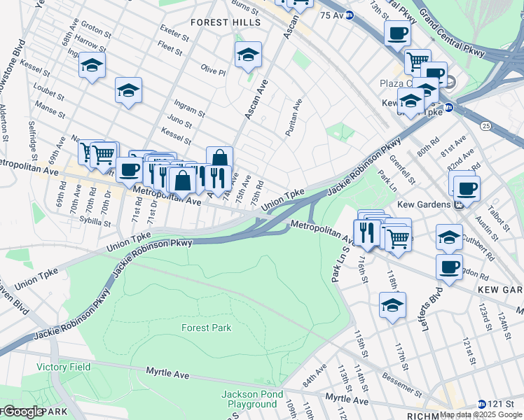 map of restaurants, bars, coffee shops, grocery stores, and more near 113-16 Union Turnpike in Queens