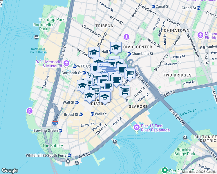 map of restaurants, bars, coffee shops, grocery stores, and more near 123 William Street in New York