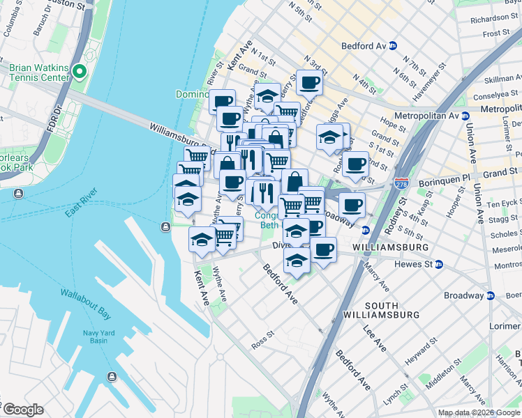 map of restaurants, bars, coffee shops, grocery stores, and more near 101 South 8th Street in Brooklyn