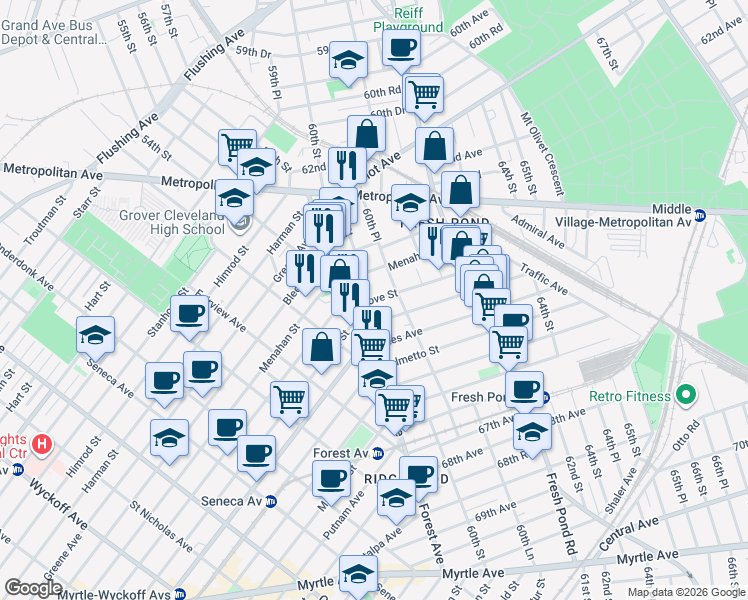 map of restaurants, bars, coffee shops, grocery stores, and more near 59-30 Menahan Street in Queens