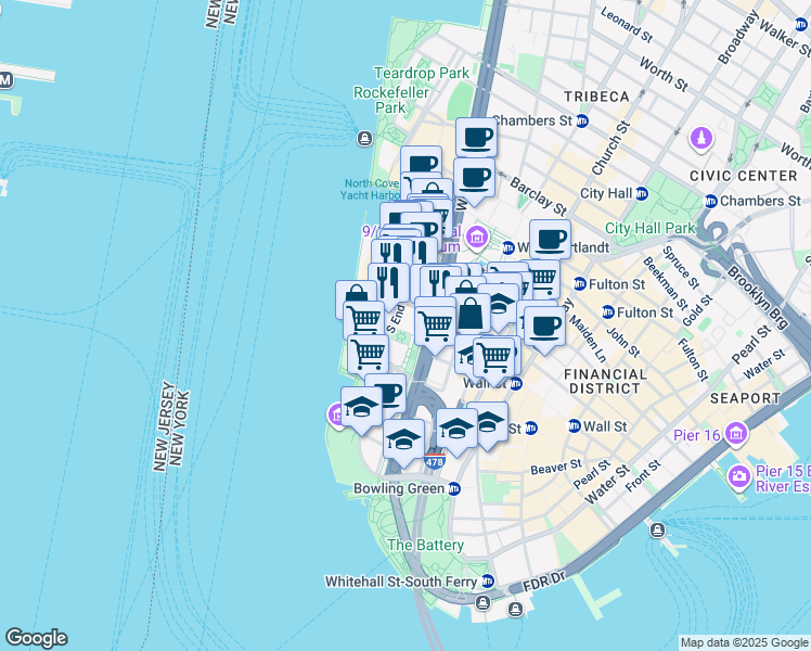 map of restaurants, bars, coffee shops, grocery stores, and more near 315 South End Avenue in New York