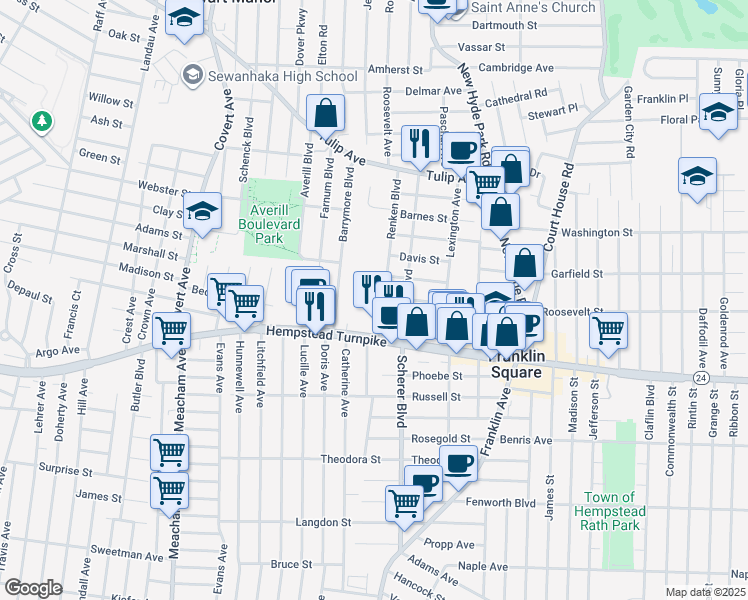 map of restaurants, bars, coffee shops, grocery stores, and more near 1132 Hempstead Turnpike in Franklin Square
