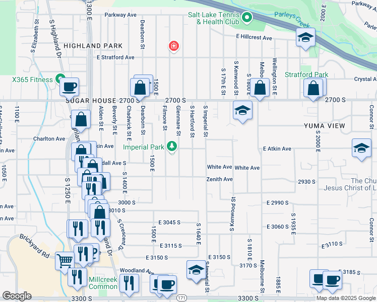 map of restaurants, bars, coffee shops, grocery stores, and more near 2817 South Hartford Street in Salt Lake City